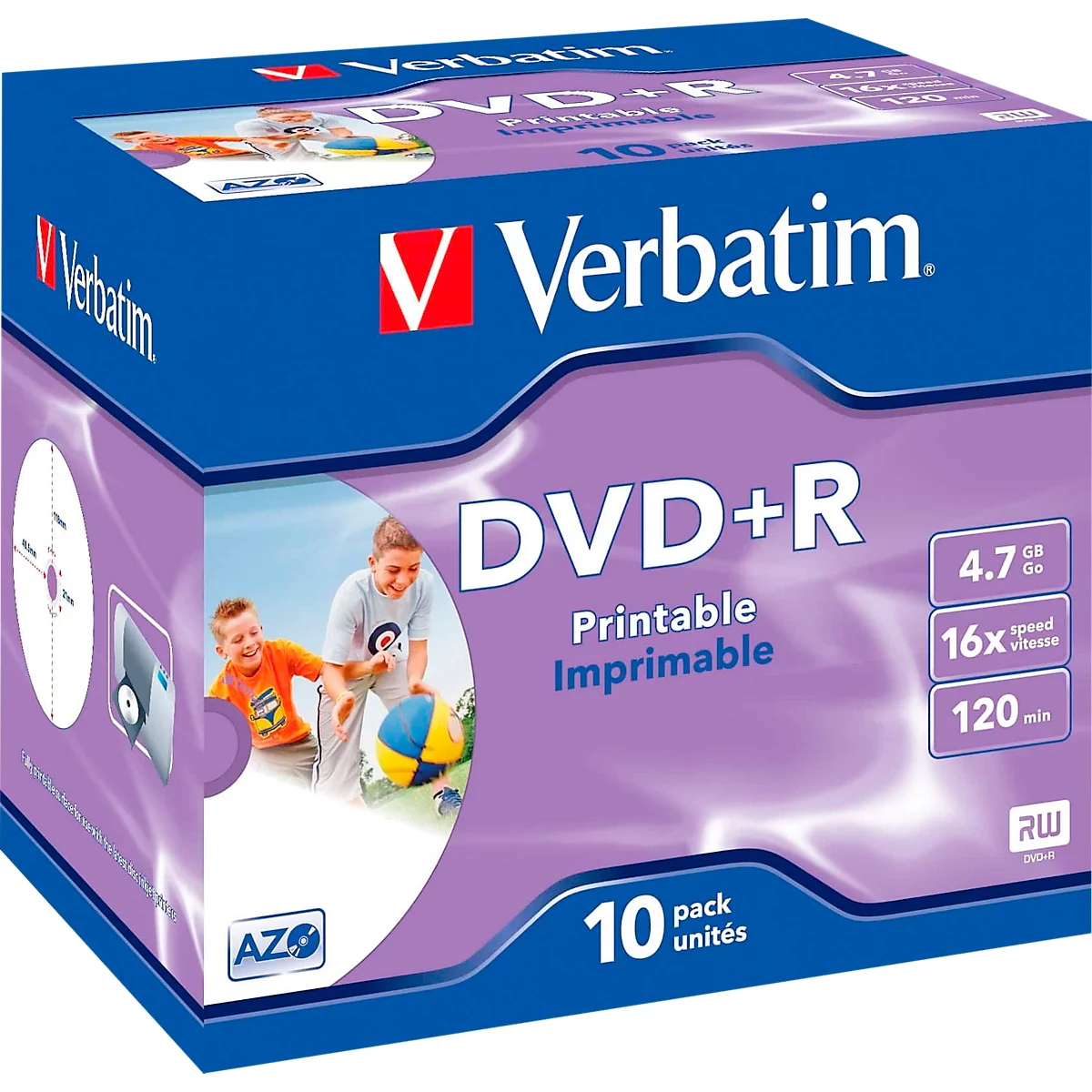 Verbatim® DVD+R printable (inkt), tot 16-voudig, 4,7 GB/120 min, 10 JewelCases