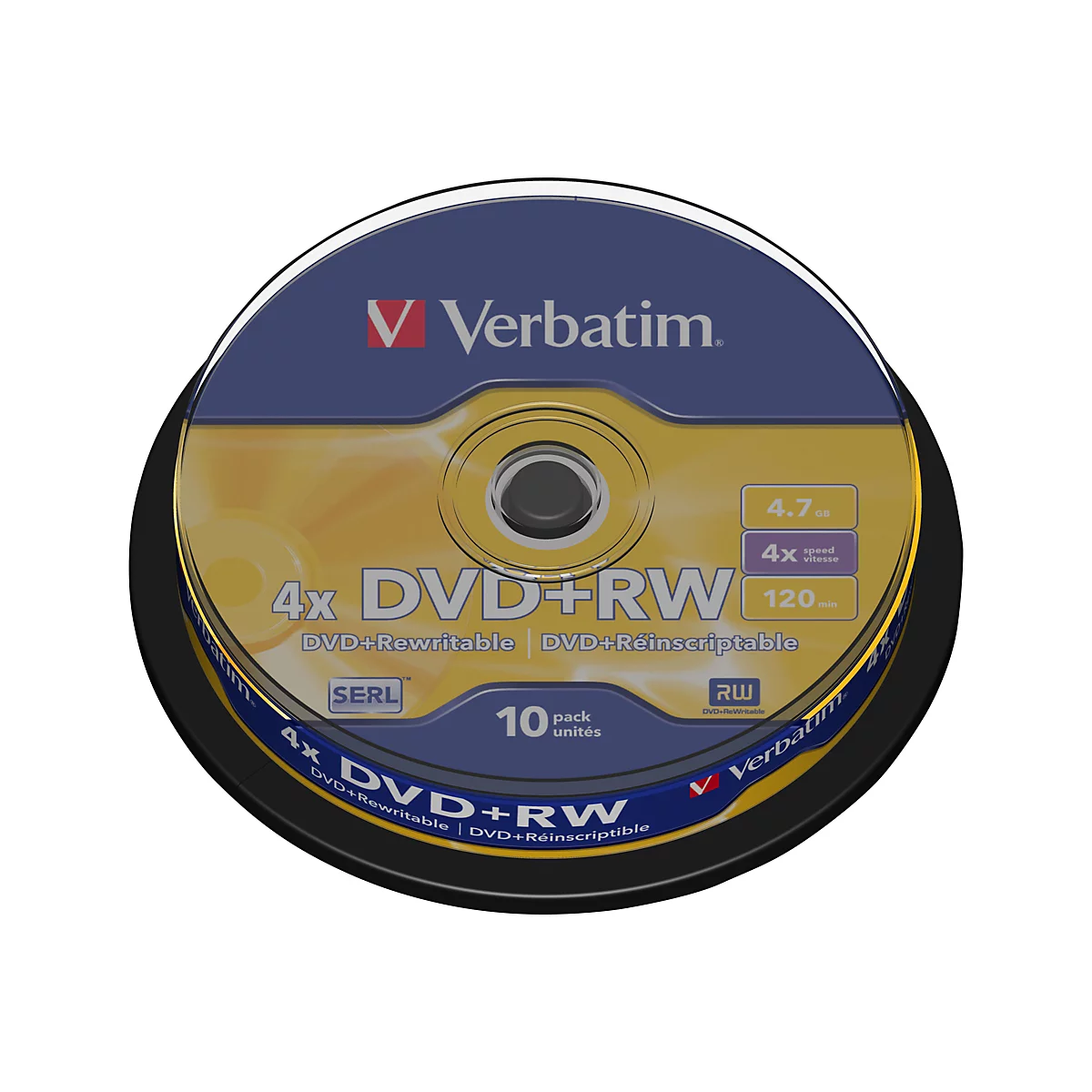 Eine Packung Verbatim DVD+RWs in blauer und goldener Verpackung. Aufschrift: 4x DVD+RW.