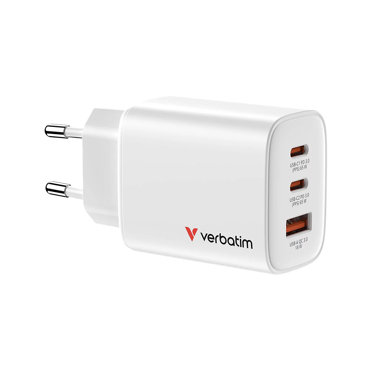 Weißes Verbatim-Netzteil mit zwei USB-C- und einem USB-A-Anschluss vor weißem Hintergrund.