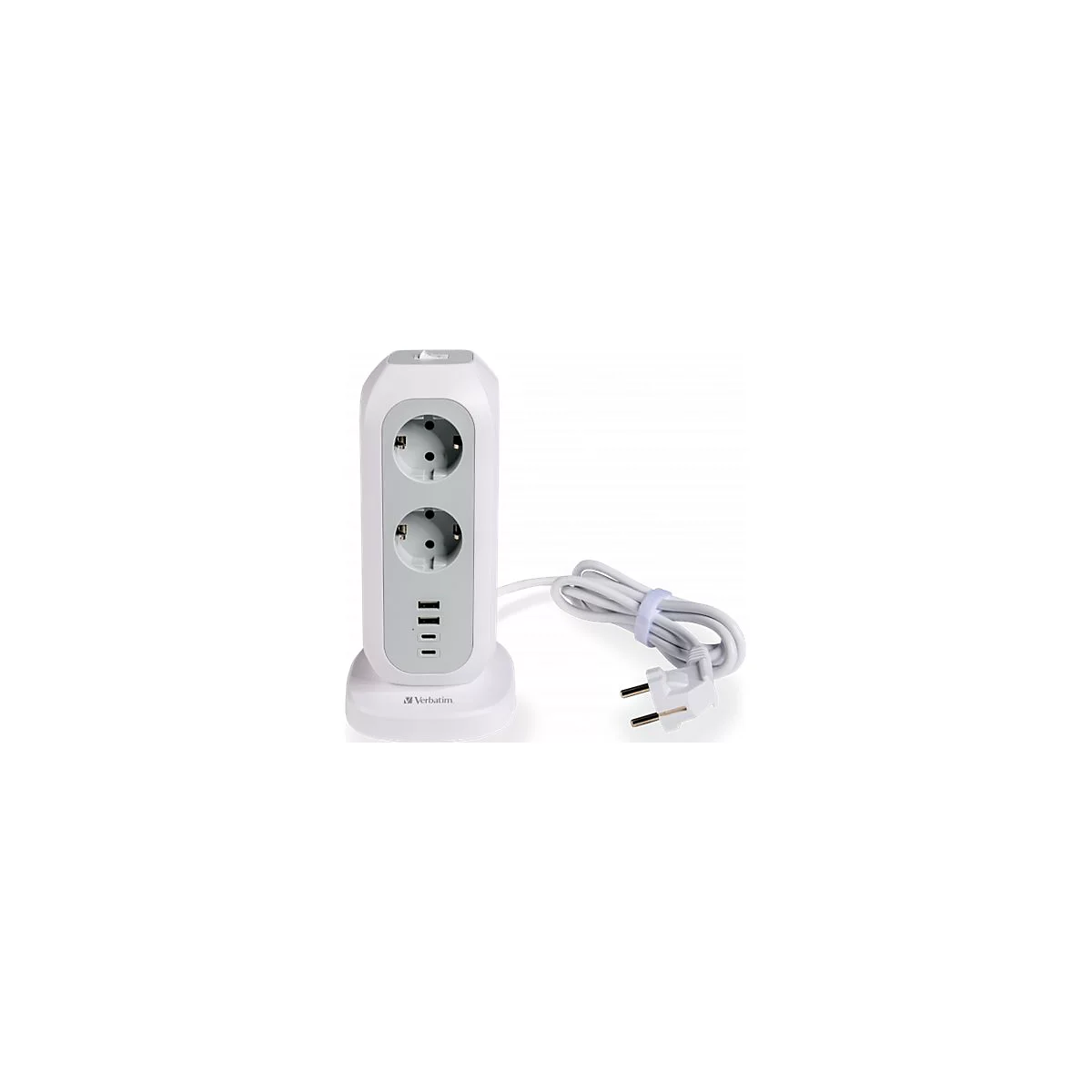 Weiße, turmförmige Steckdosenleiste von Verbatim mit zwei Schuko-Steckdosen und vier USB-Anschlüssen.