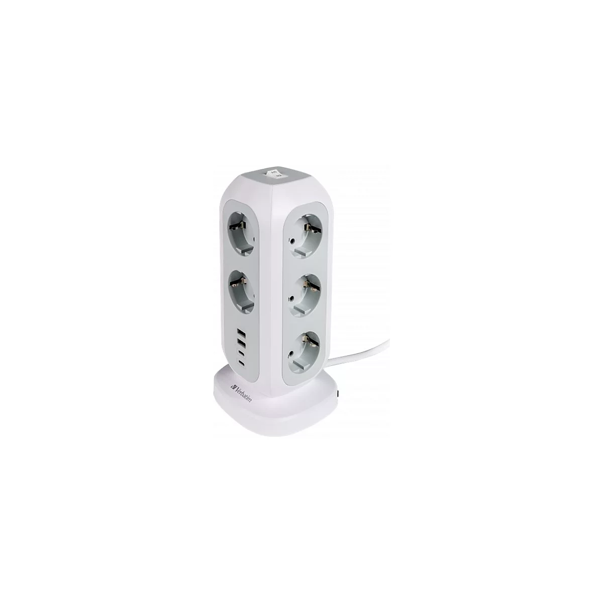 Vertikaler Mehrfachstecker in Weiß und Grau mit vier Steckdosen, USB-Anschlüssen und Verbatim-Logo.
