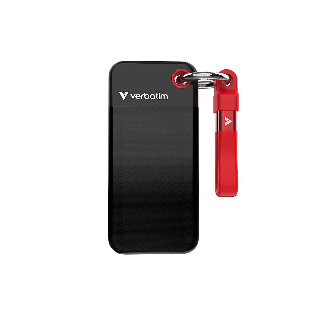 Schwarzer Verbatim USB-Stick mit roter Schlaufe und silbernem Ring vor weißem Hintergrund.