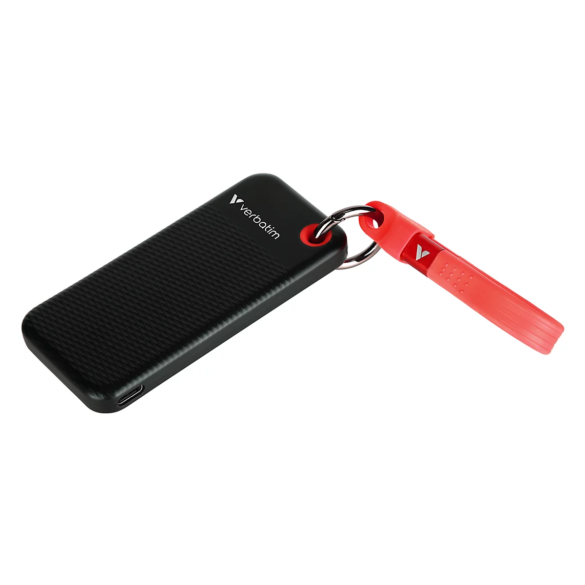 Schwarzer Verbatim USB-Stick mit strukturierter Oberfläche und roter Schlaufe vor weißem Hintergrund.