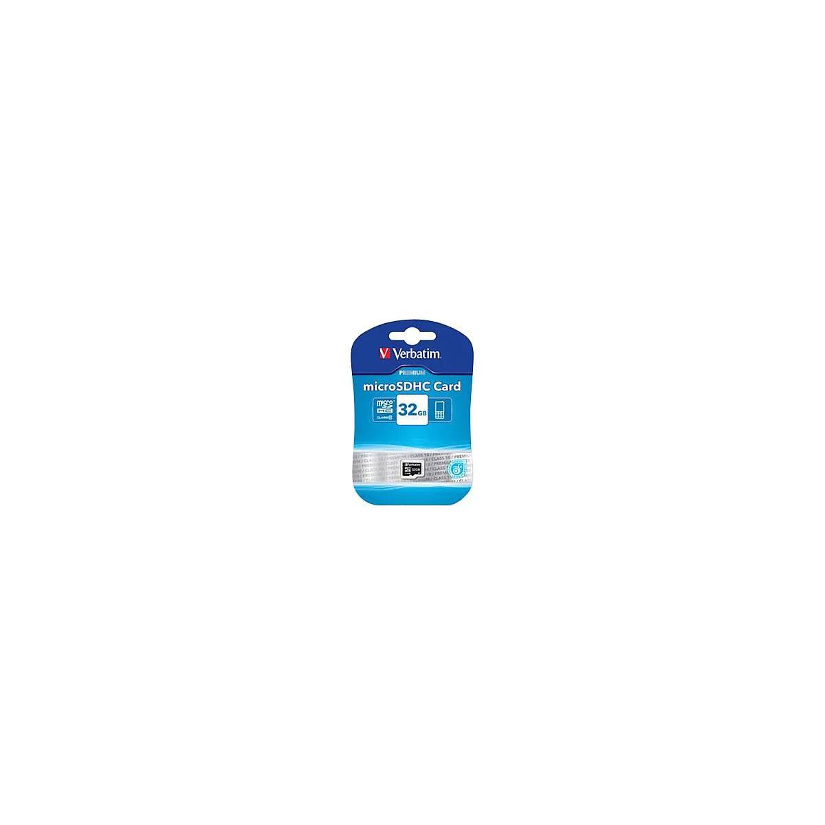Verbatim 32GB microSDHC Premium Speicherkarte in blau weißer Verkaufspackung.