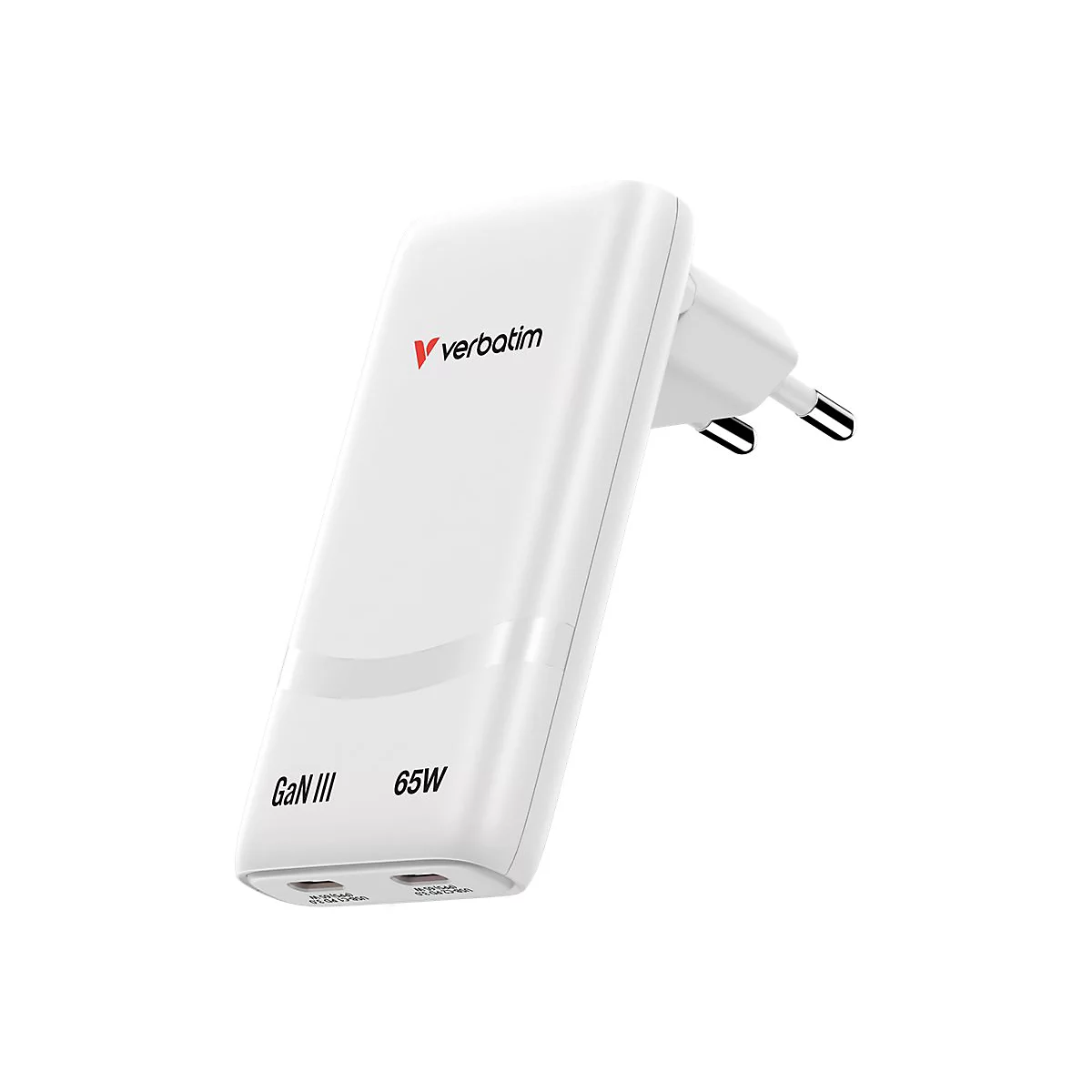 Weißes Verbatim 65W GaN III Wandladegerät mit zwei USB-C-Anschlüssen vor neutralem Hintergrund.