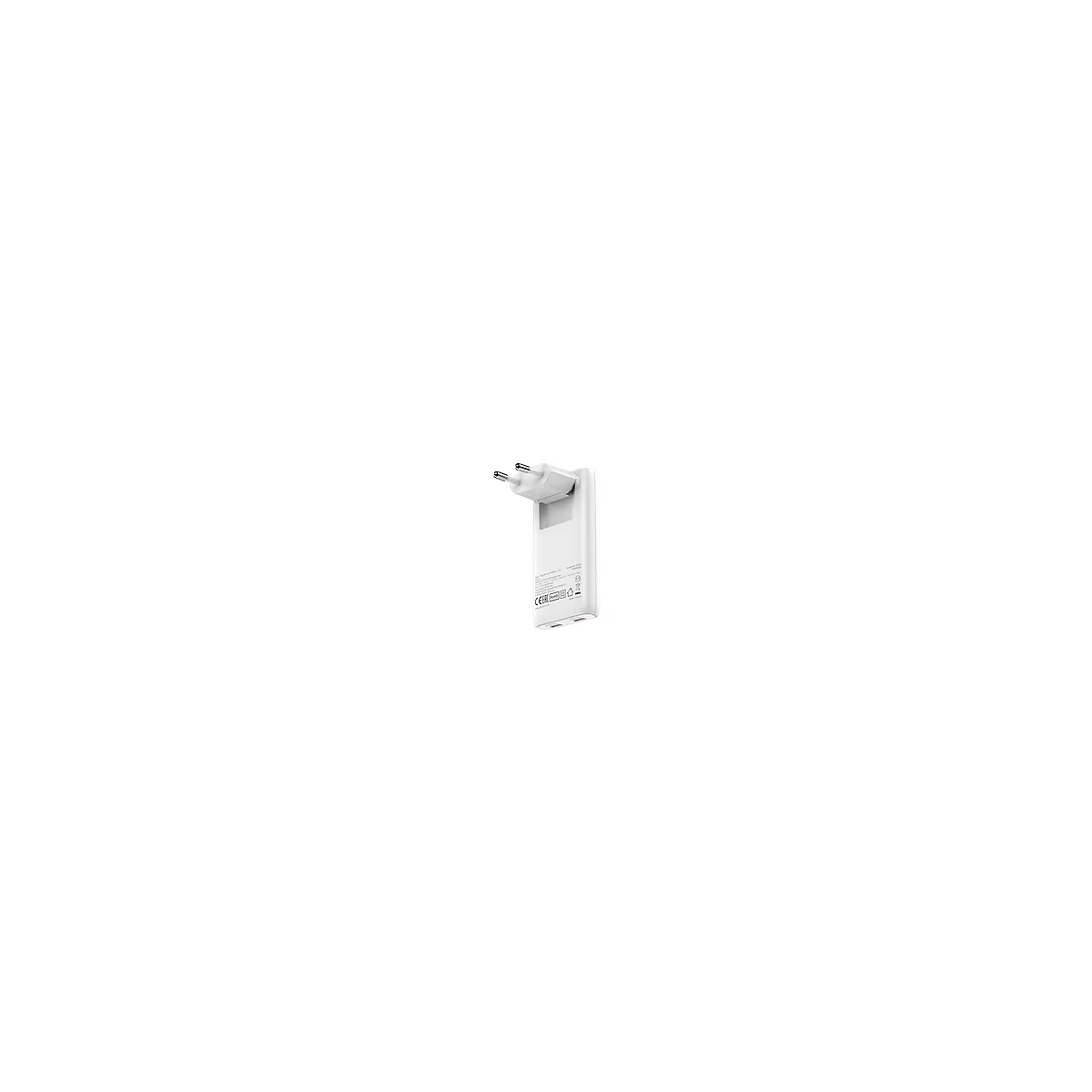 Weißes Ladegerät mit EU-Stecker, zwei USB-Anschlüssen und gedruckten Informationen auf der Rückseite.