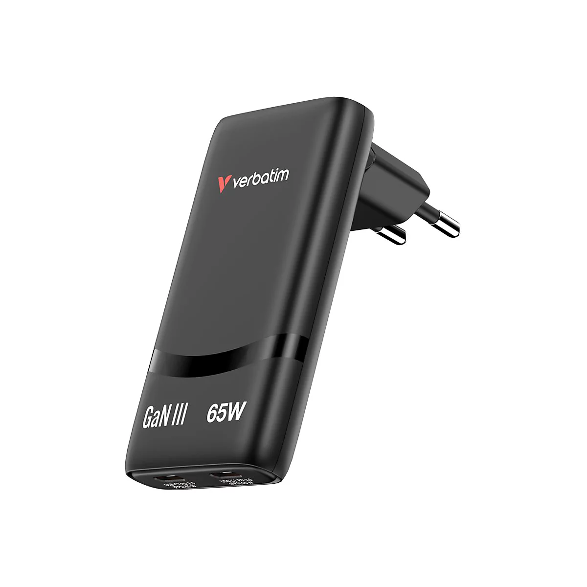 Schwarzes Verbatim GaN III Ladegerät mit 65W Leistung und zwei USB-Anschlüssen vor weißem Hintergrund.
