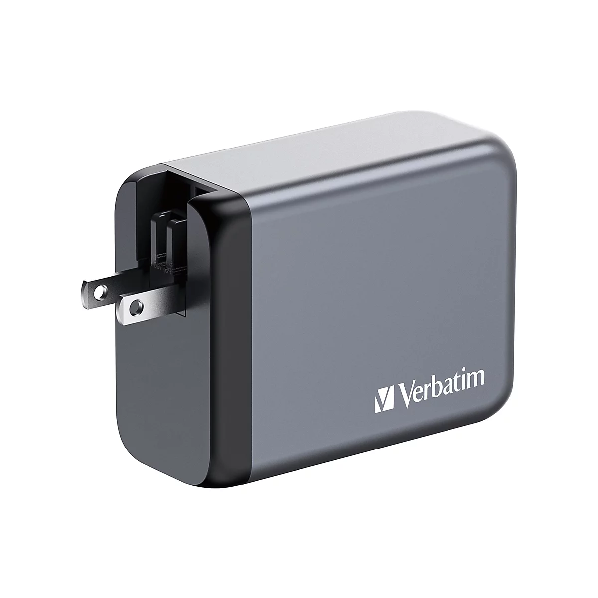 Adaptateur secteur gris avec logo Verbatim et prise. Le boîtier rectangulaire a des coins arrondis.