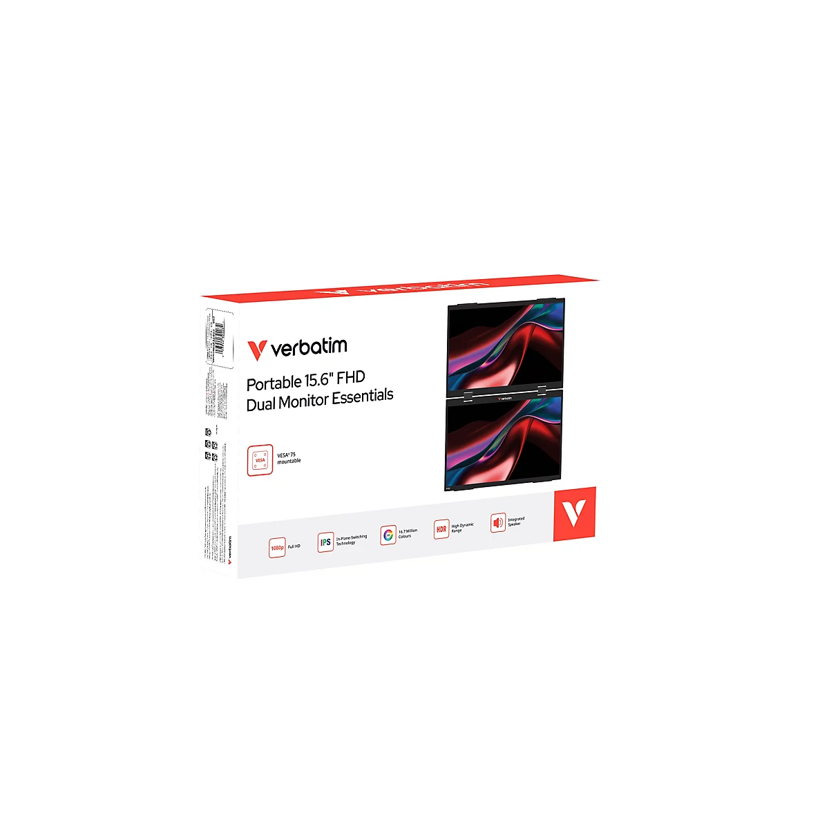 Produktverpackung eines Verbatim Portable 15.6 Zoll FHD Dual Monitors.