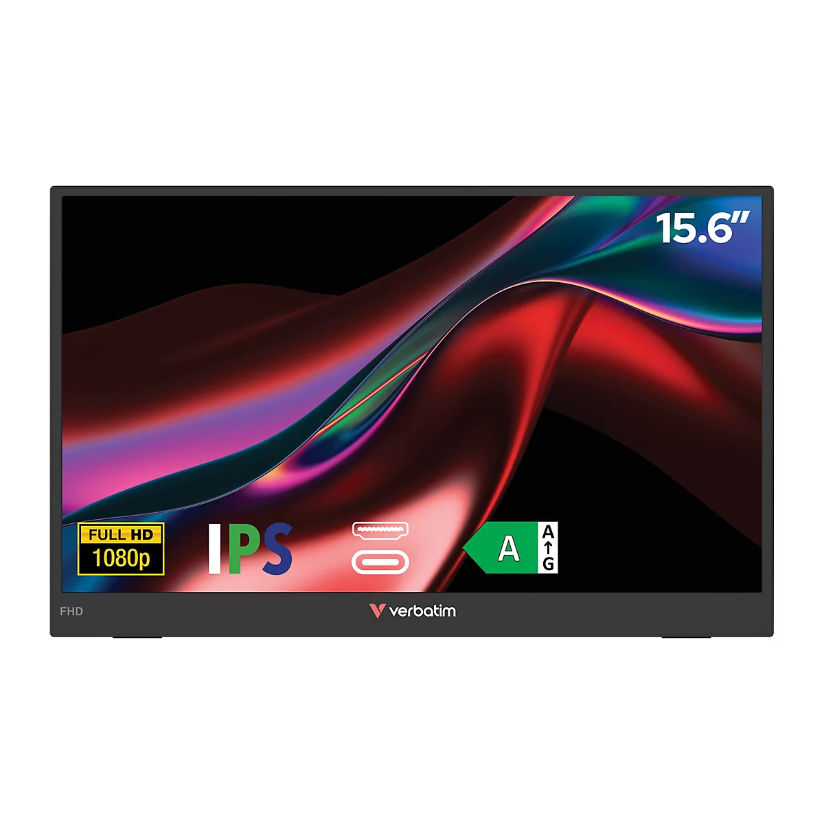 15,6 Zoll Verbatim Monitor mit Full HD, IPS-Technologie und Energieeffizienzklasse A vor neutralem Hintergrund.