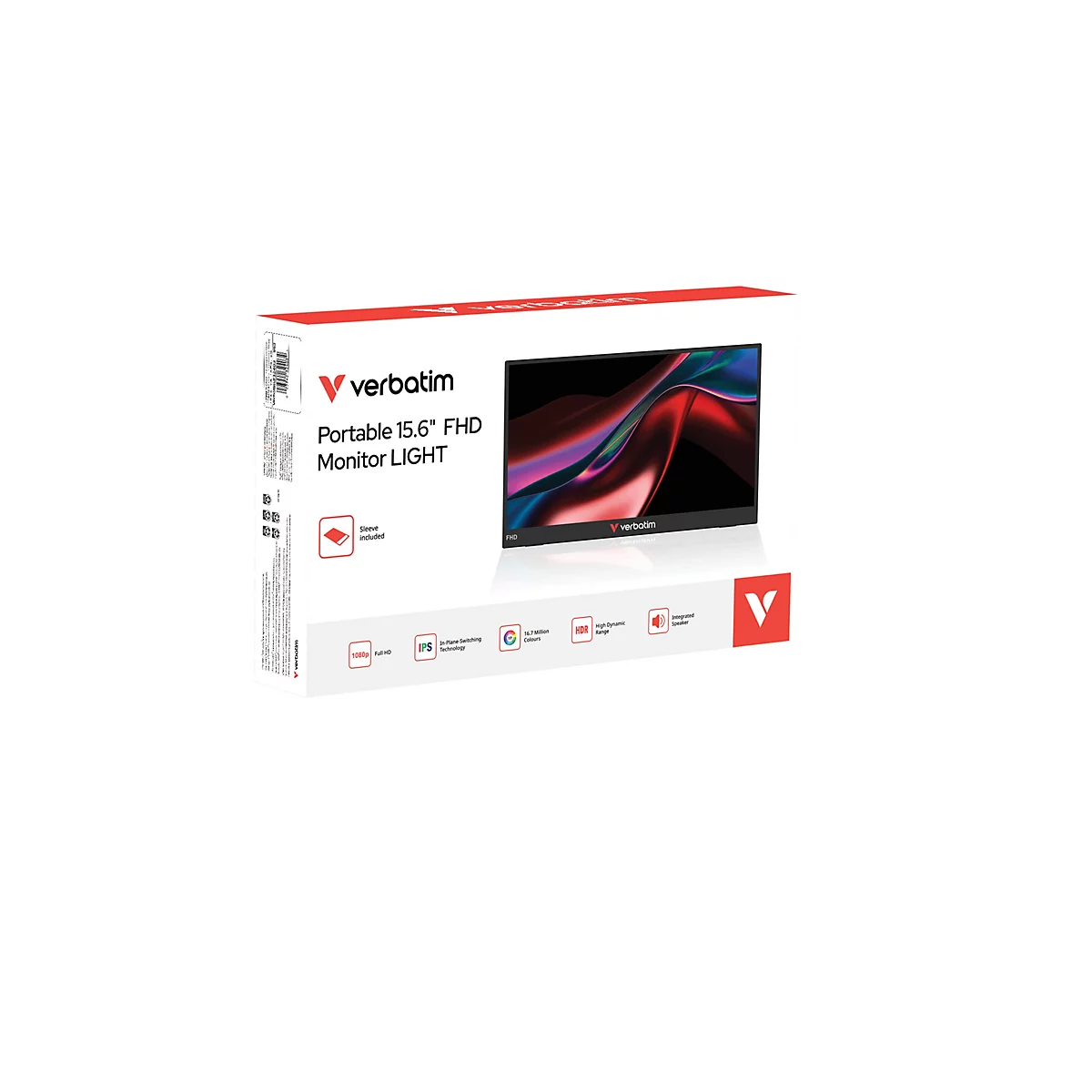 Produktverpackung eines Verbatim 15,6-Zoll tragbaren Full-HD-Monitors.