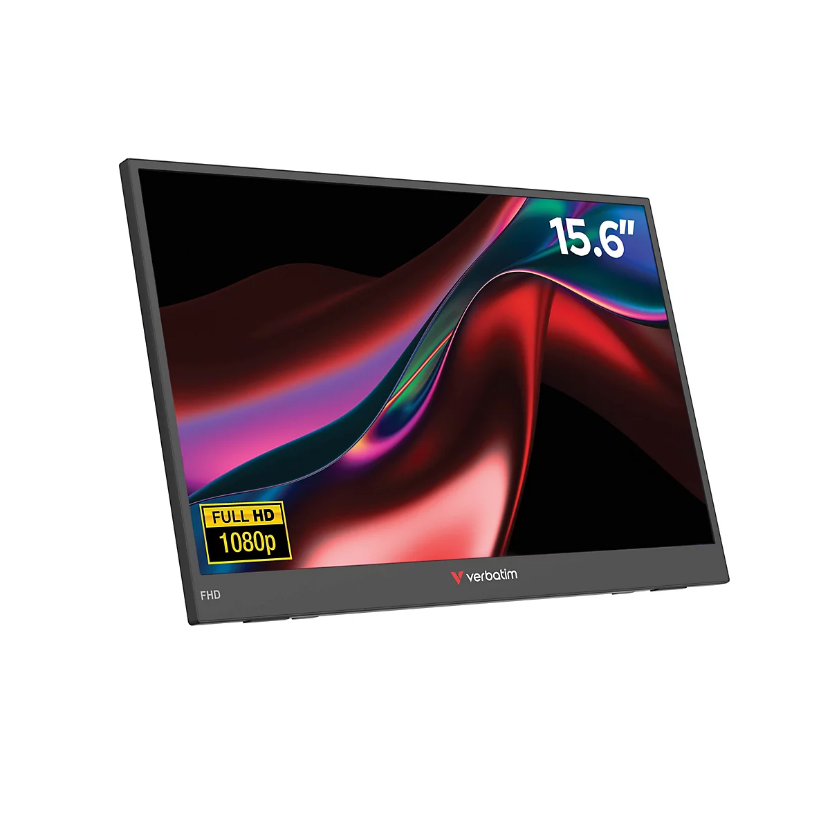 Schwarzer, schlanker 15,6 Zoll Verbatim Monitor mit Full HD 1080p Auflösung vor weißem Hintergrund.