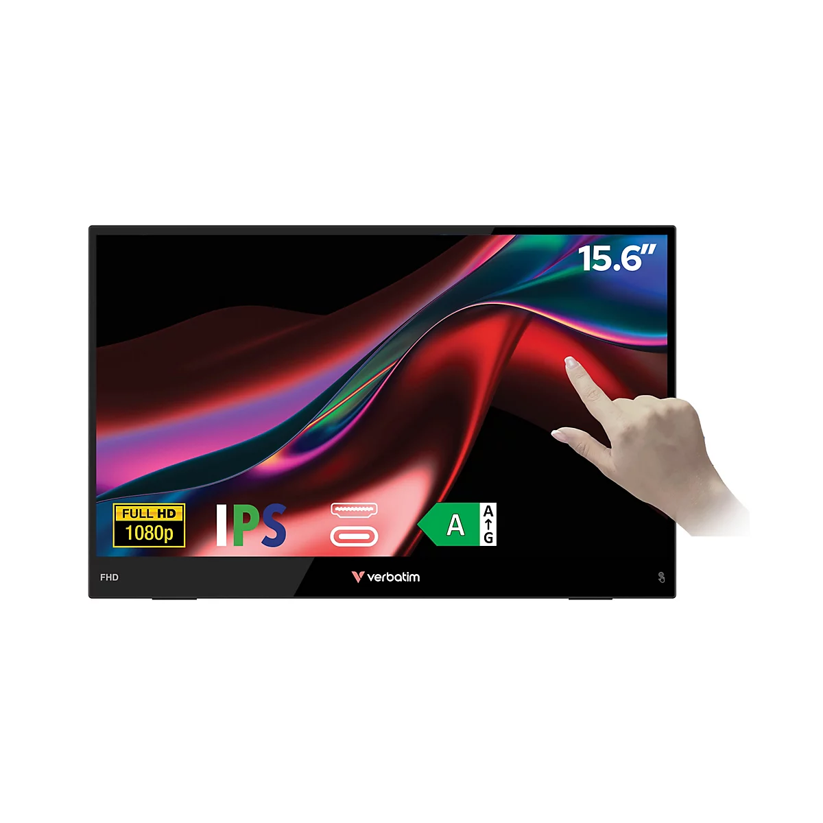15,6 Zoll Verbatim Touchscreen-Monitor mit Full-HD, IPS-Panel, Energieklasse A und Handbedienung.