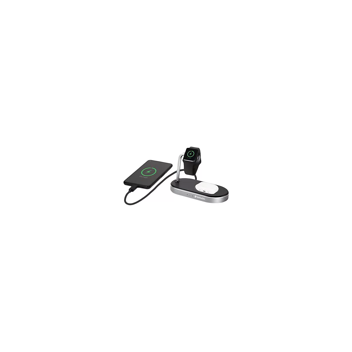 Drahtlose Ladestation mit Handy, Smartwatch und Kopfhörern, die gerade aufgeladen werden.