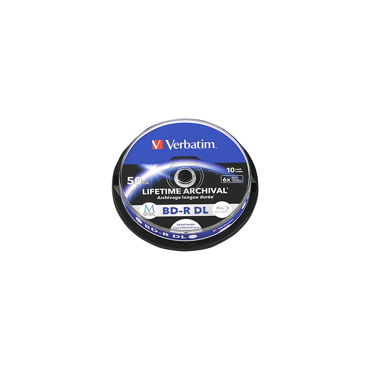 Blaue BD-R-DL-Disc in schwarzer Plastikverpackung. Beschriftung: 50 GB, Lifetime Archival, Verbatim.