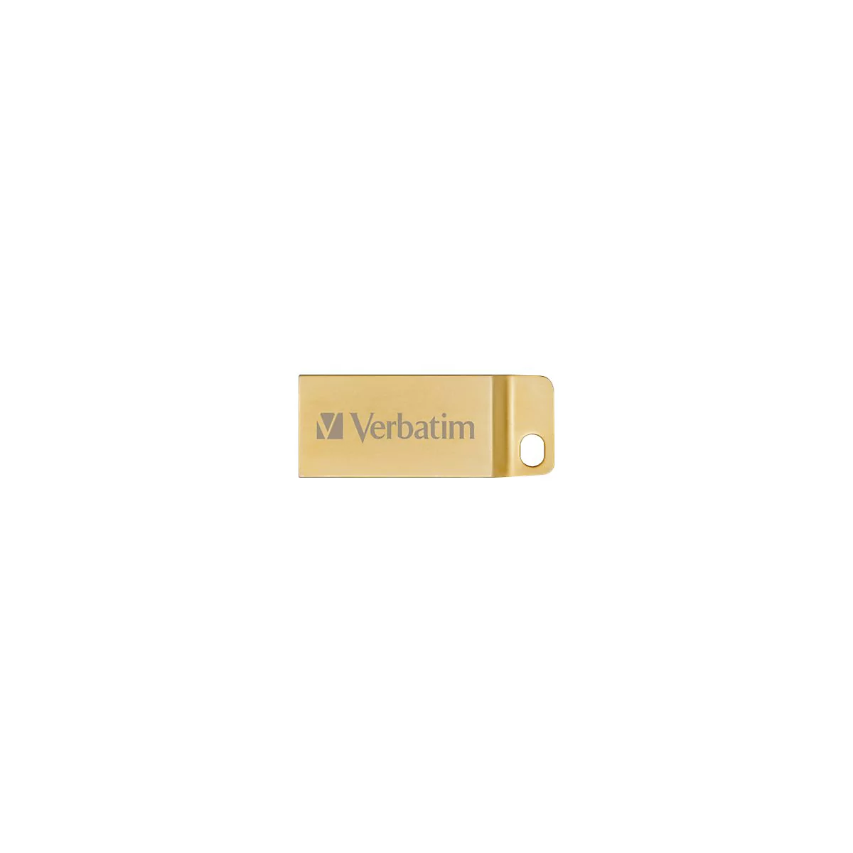 Goldfarbener USB-Stick mit dem Logo Verbatim. Mit Loch zum Befestigen.