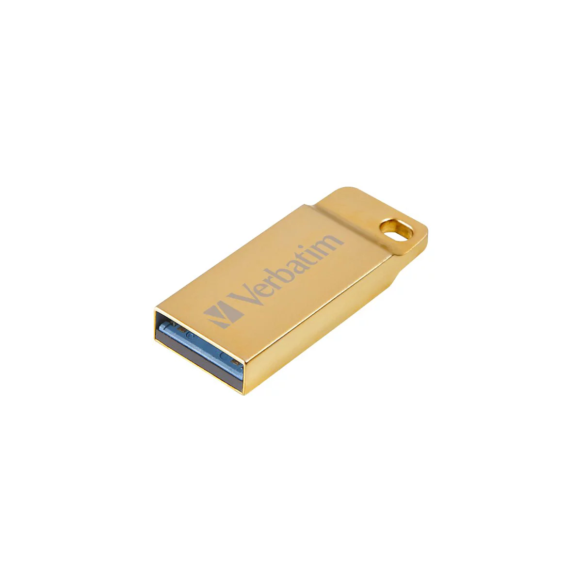 Goldfarbener USB-Stick von Verbatim. Sichtbar ist der USB-Anschluss mit blauem Innenleben und ein Loch zur Befestigung.