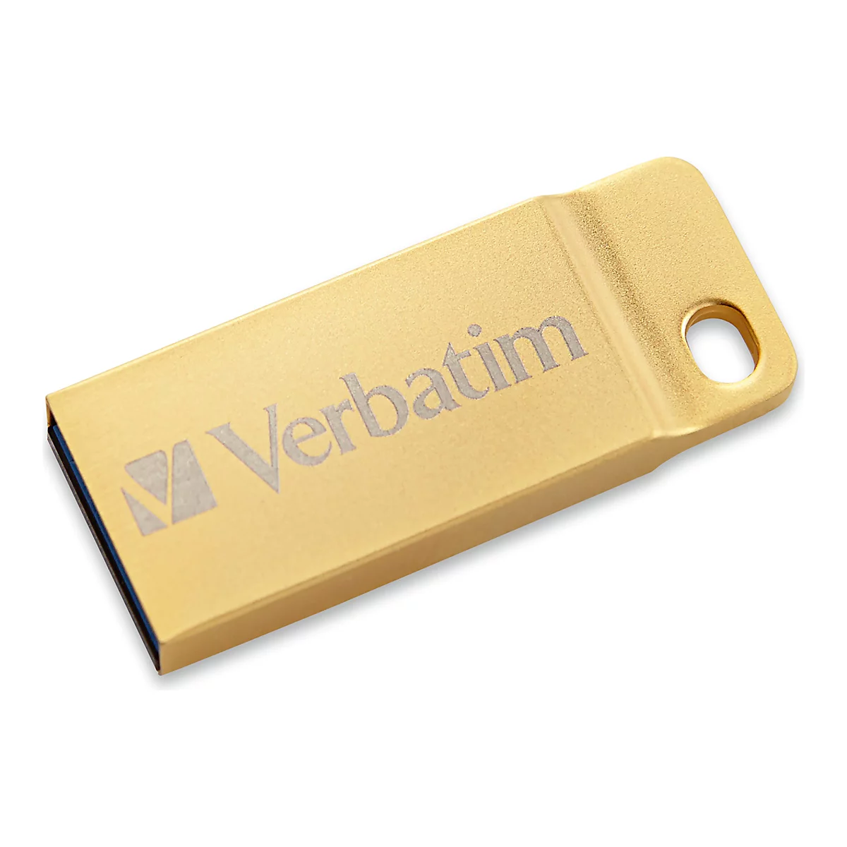 Goldfarbener USB-Stick mit dem Aufdruck 'Verbatim'.