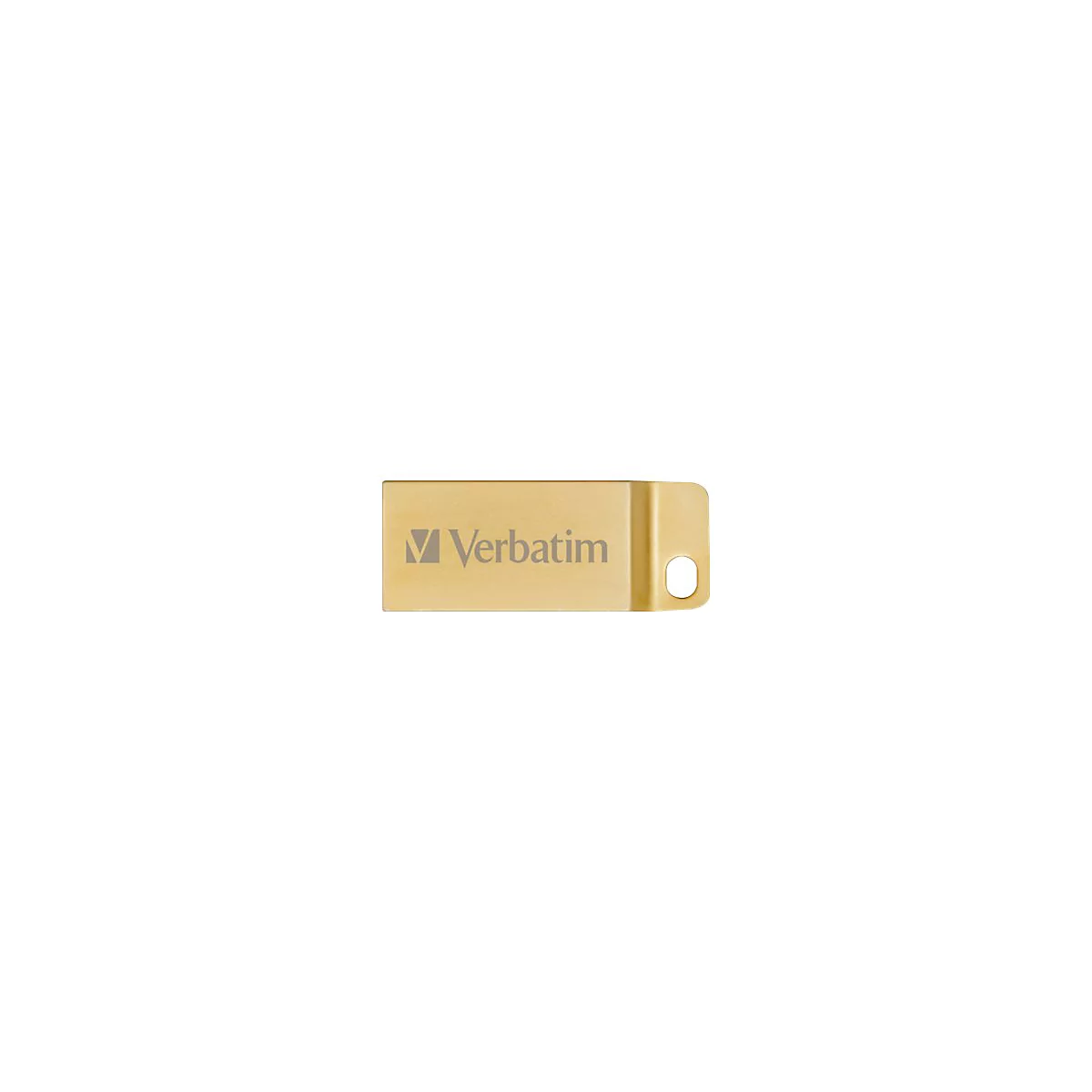 Goldener USB-Stick mit dem Verbatim-Logo. Am Ende eine Öse.