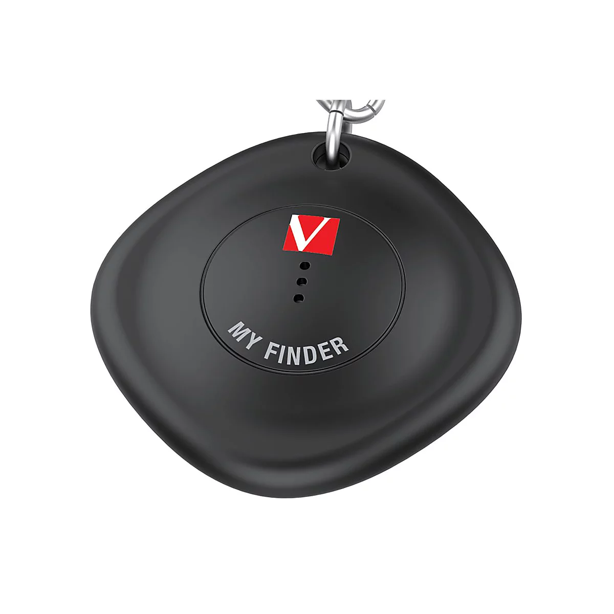 Schwarzer, quadratisch abgerundeter Finder mit Logo, der an einem Schlüsselring hängt.