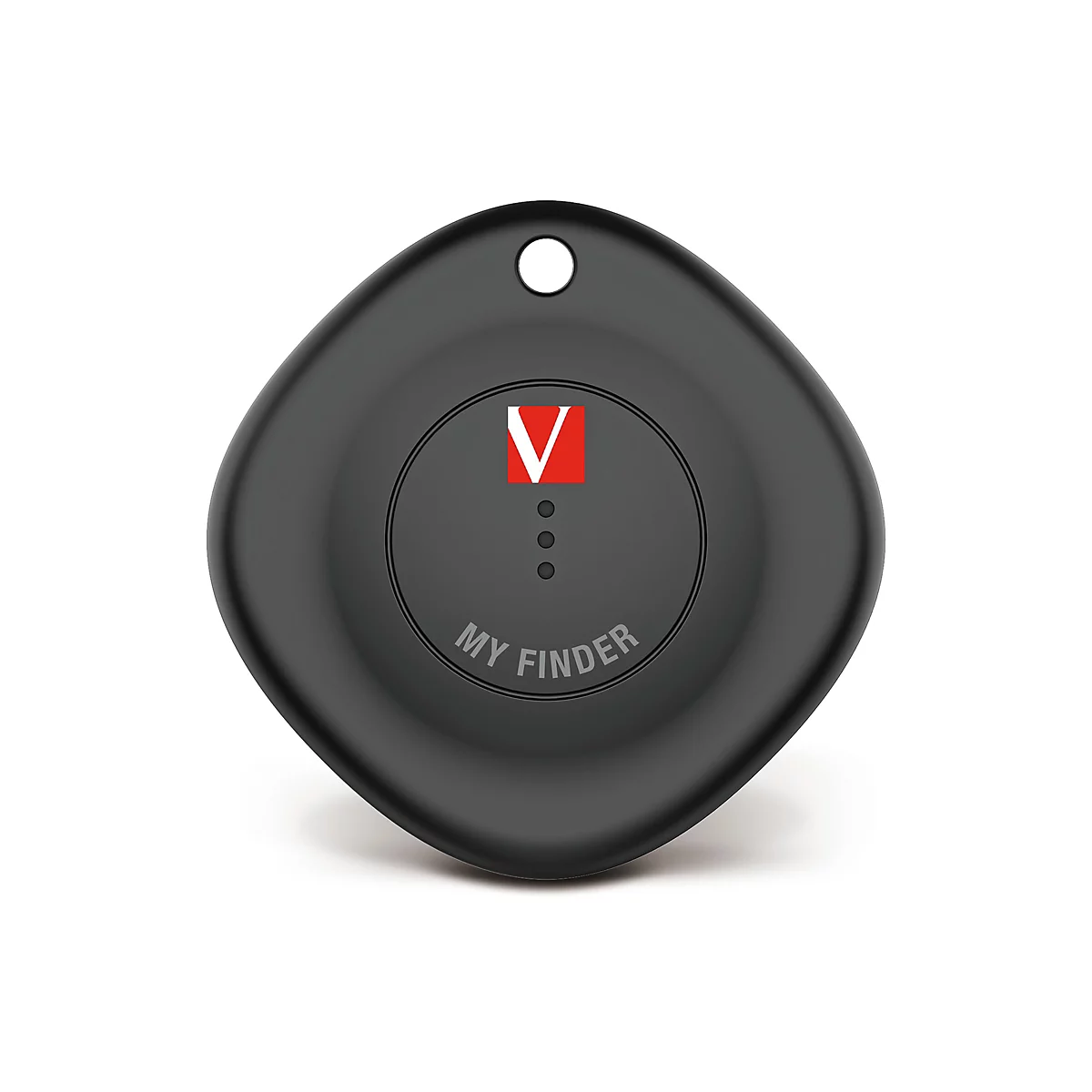Schwarzer, tropfenförmiger Tracker, mit „V“-Logo und der Aufschrift „My Finder“. Oben ein Loch zum Befestigen.