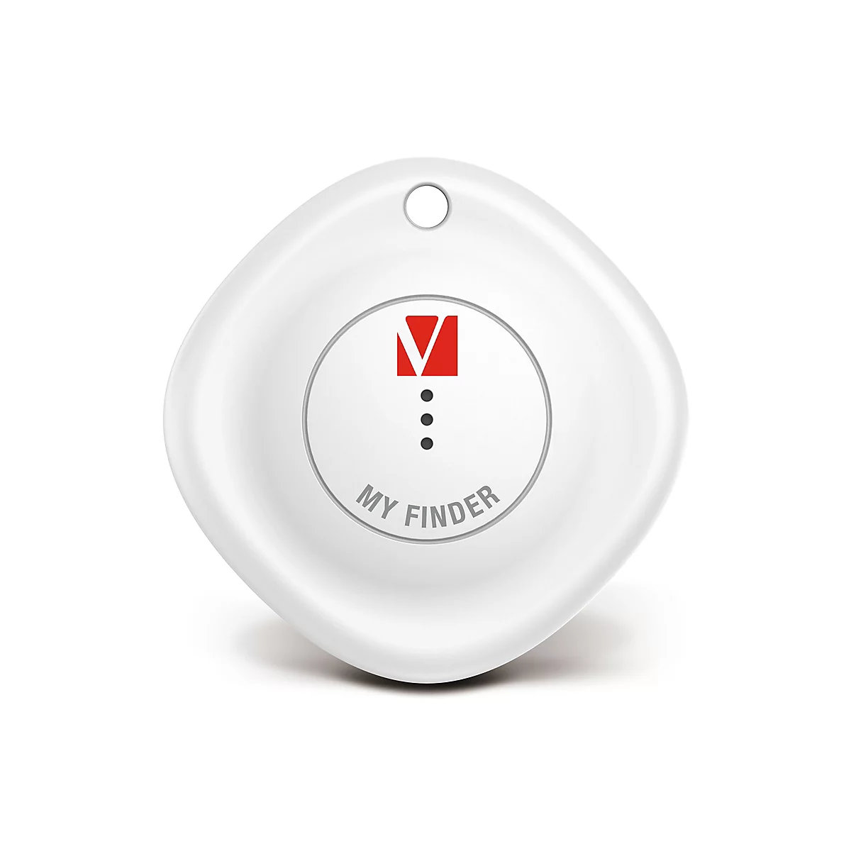 Localisateur blanc en forme de goutte d'eau avec le logo "V" rouge et trois points noirs. Inscription "MY FINDER".