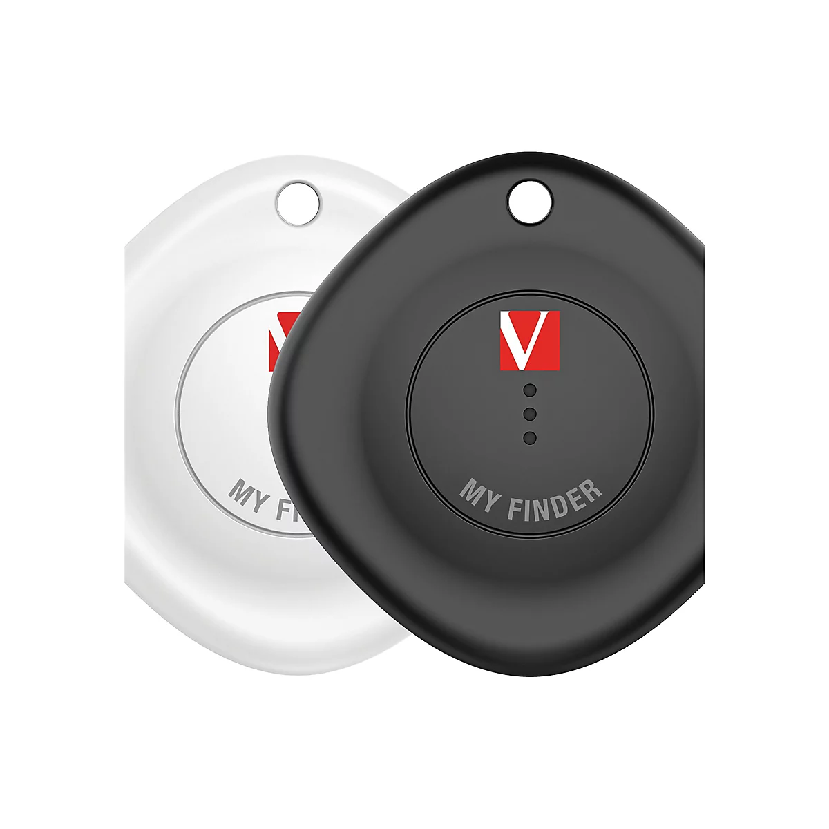Deux appareils ronds en forme de disque : un blanc, un noir. Les deux ont un trou pour accrocher, un logo V rouge et les mots "My Finder".