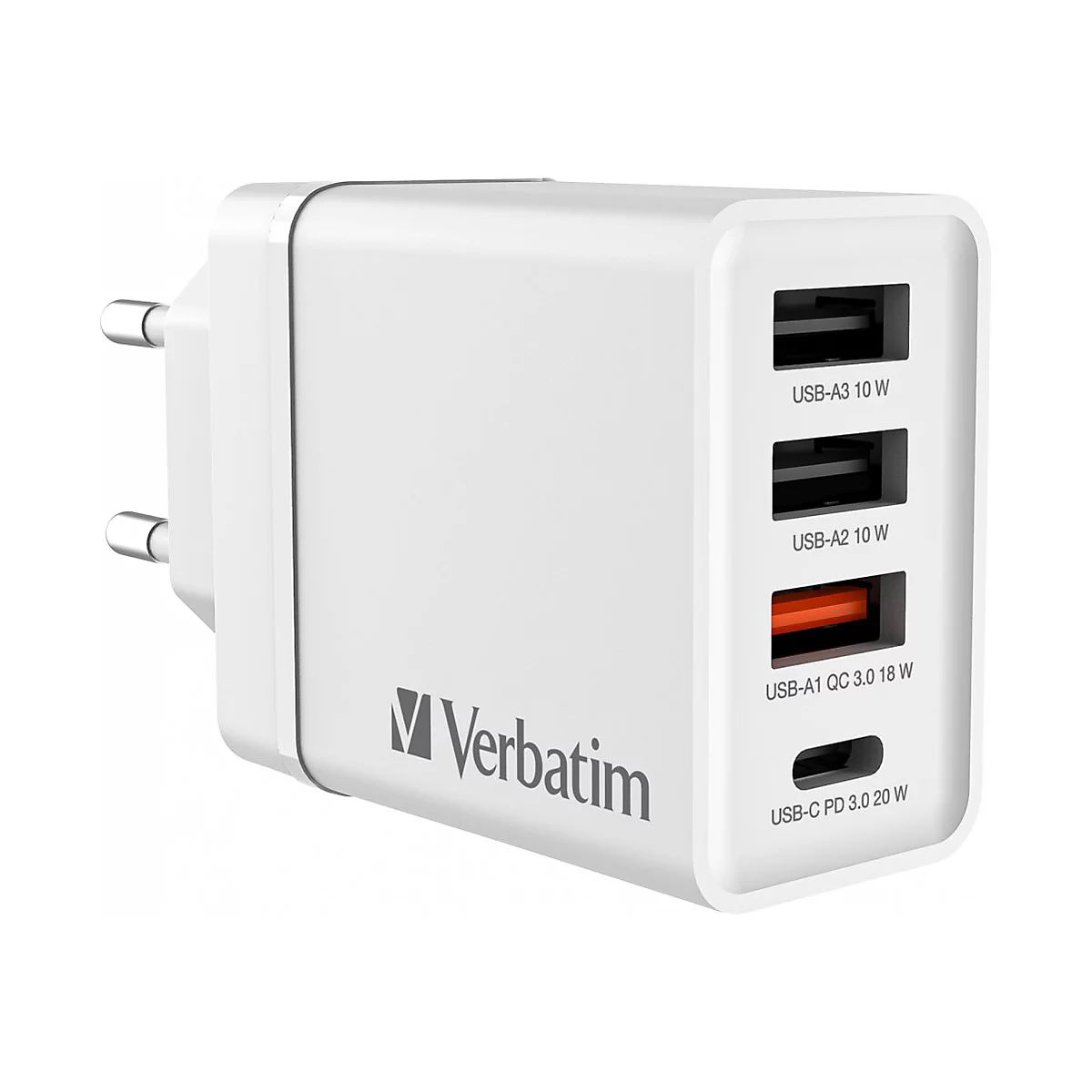 Weißes USB-Ladegerät mit vier Anschlüssen und Verbatim-Logo.