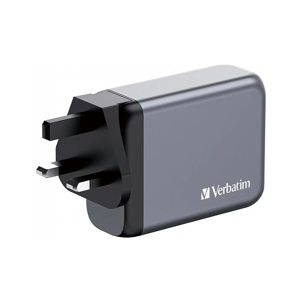Grauer, eckiger Netzstecker mit drei Polen. Schwarzer Stecker, graues Gehäuse, weißes 'Verbatim'-Logo.