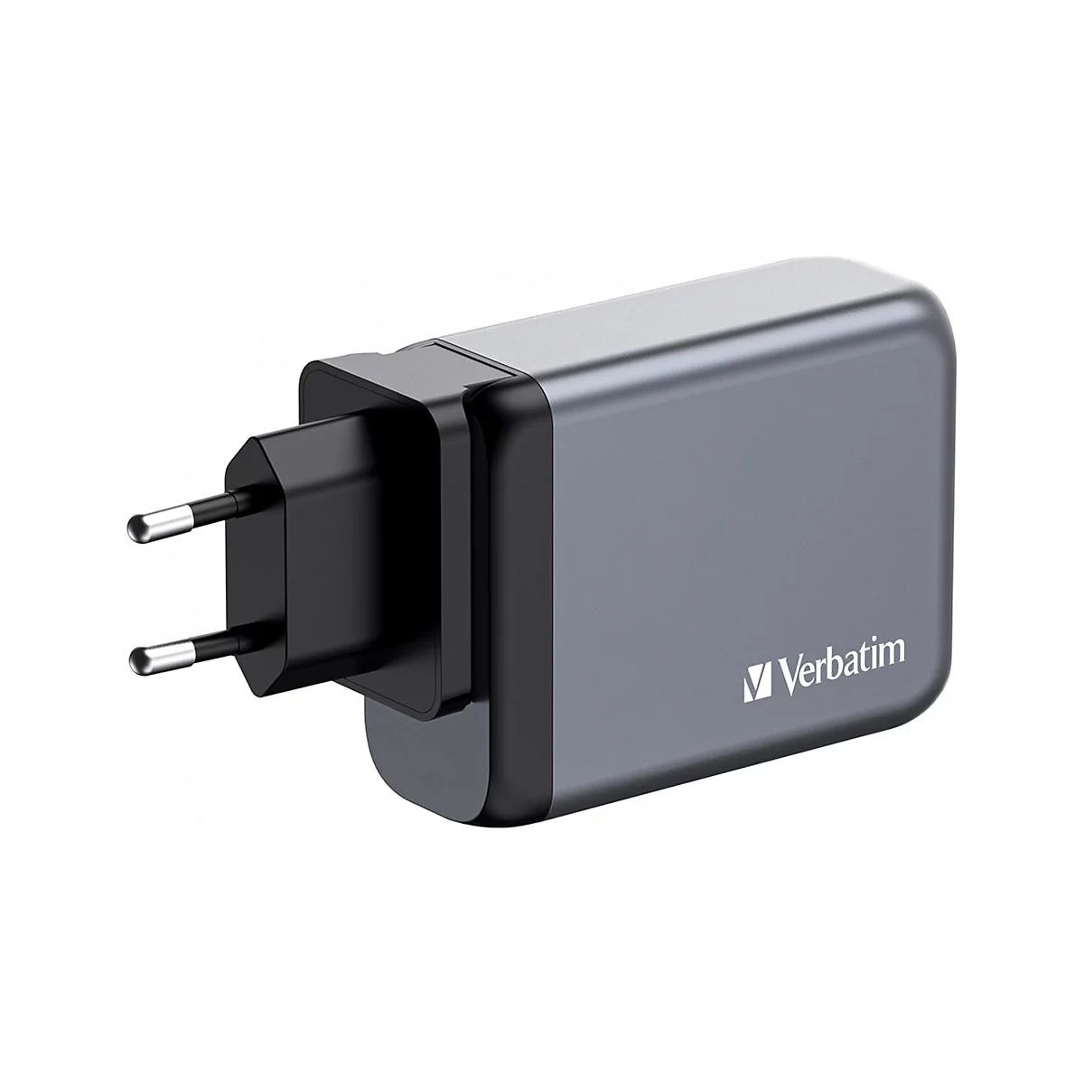 Grauer Netzstecker mit schwarzem Stecker, Marke Verbatim. Blickwinkel von links.