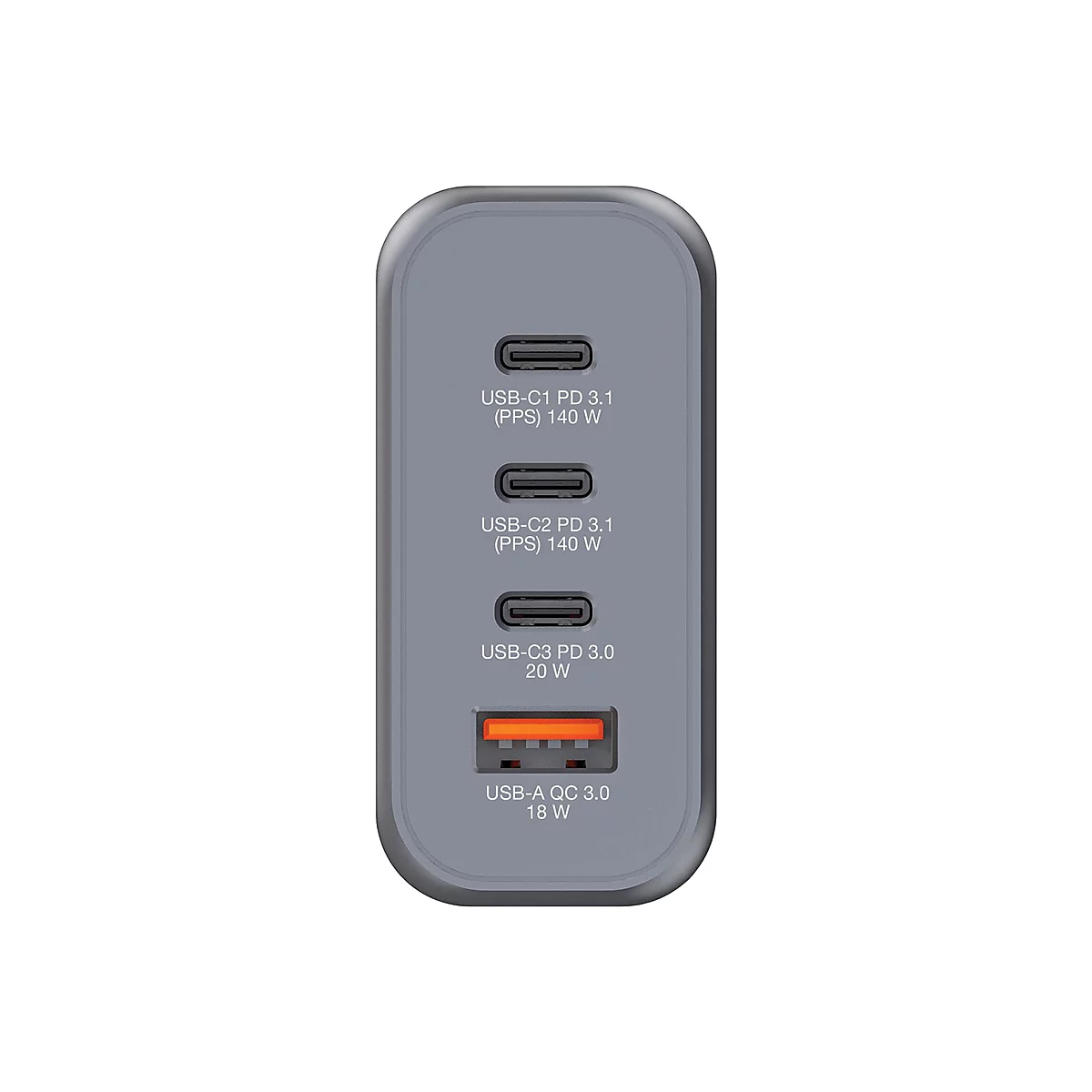 Grauer USB-Ladegerät mit vier Anschlüssen, beschriftet mit Leistungsangaben.