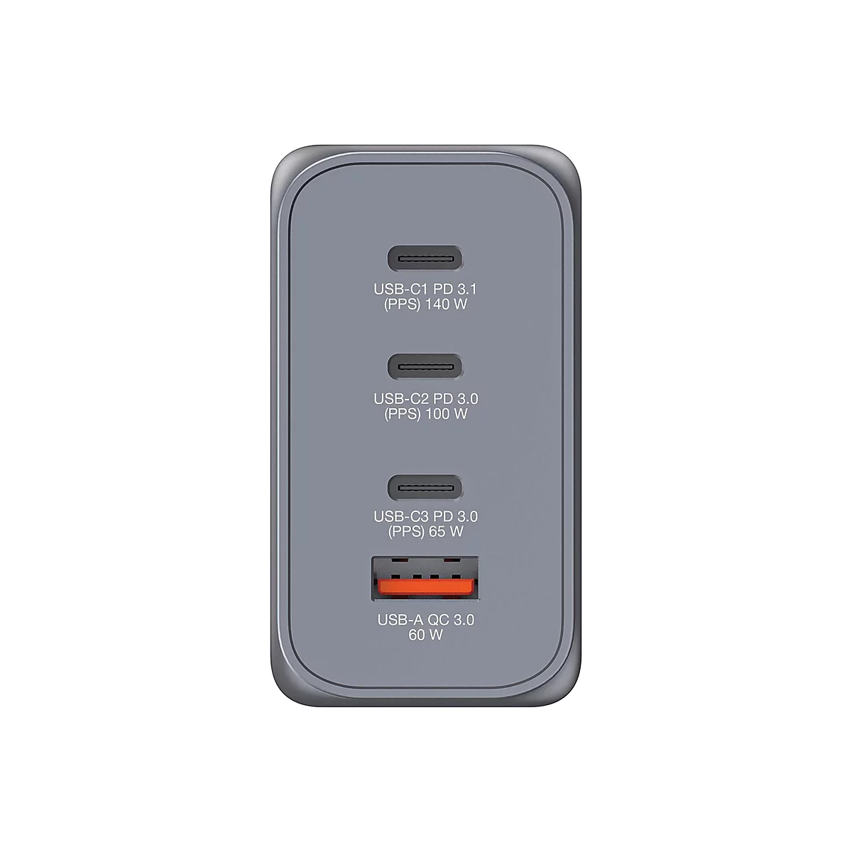 Grauer USB-Ladegerät-Adapter mit vier Anschlüssen, beschriftet mit den Spezifikationen für jeden Port.