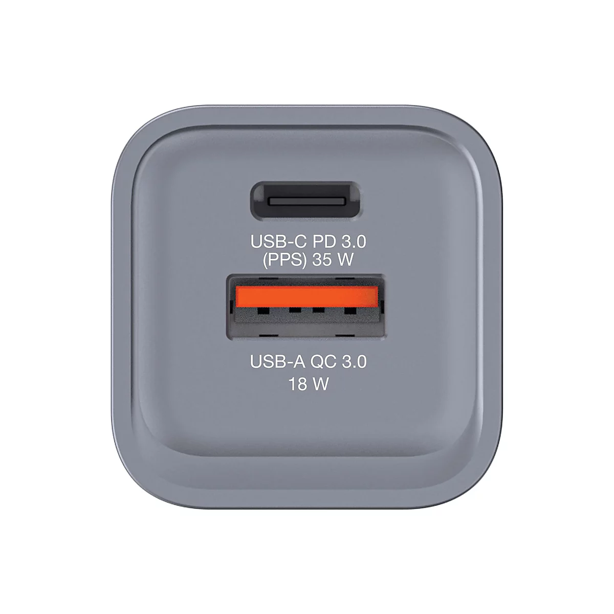 Grauer USB-Ladegerät-Adapter mit zwei Anschlüssen. Oben: USB-C PD 3.0 (PPS) 35 W; unten: USB-A QC 3.0 18 W.