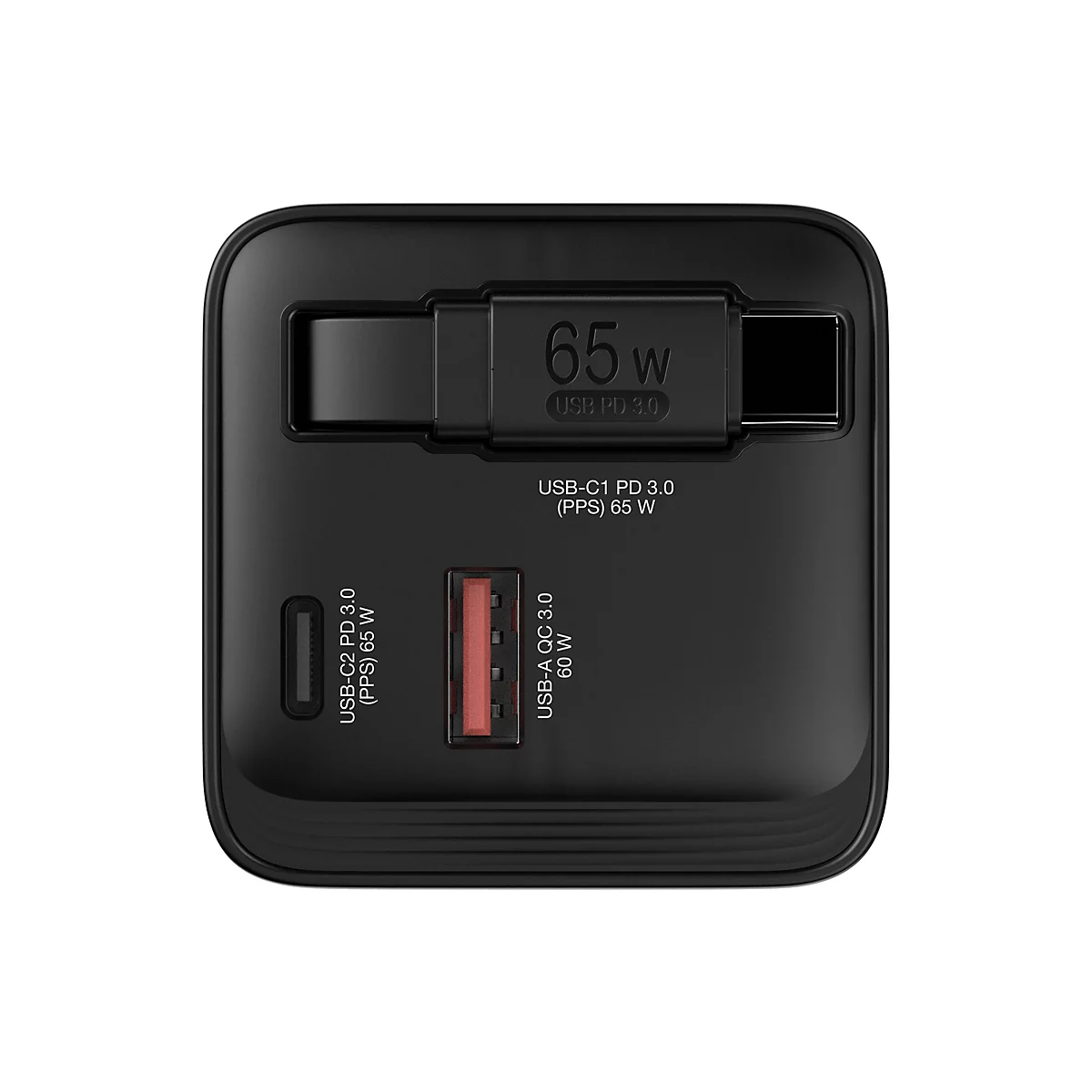 Schwarzes Ladegerät mit USB-Anschlüssen. Oben steht 65W, darunter USB PD 3.0. Auf der Seite steht USB-C2 PD 3.0 (PPS) 65 W und USB-A QC 3.0 60 W.