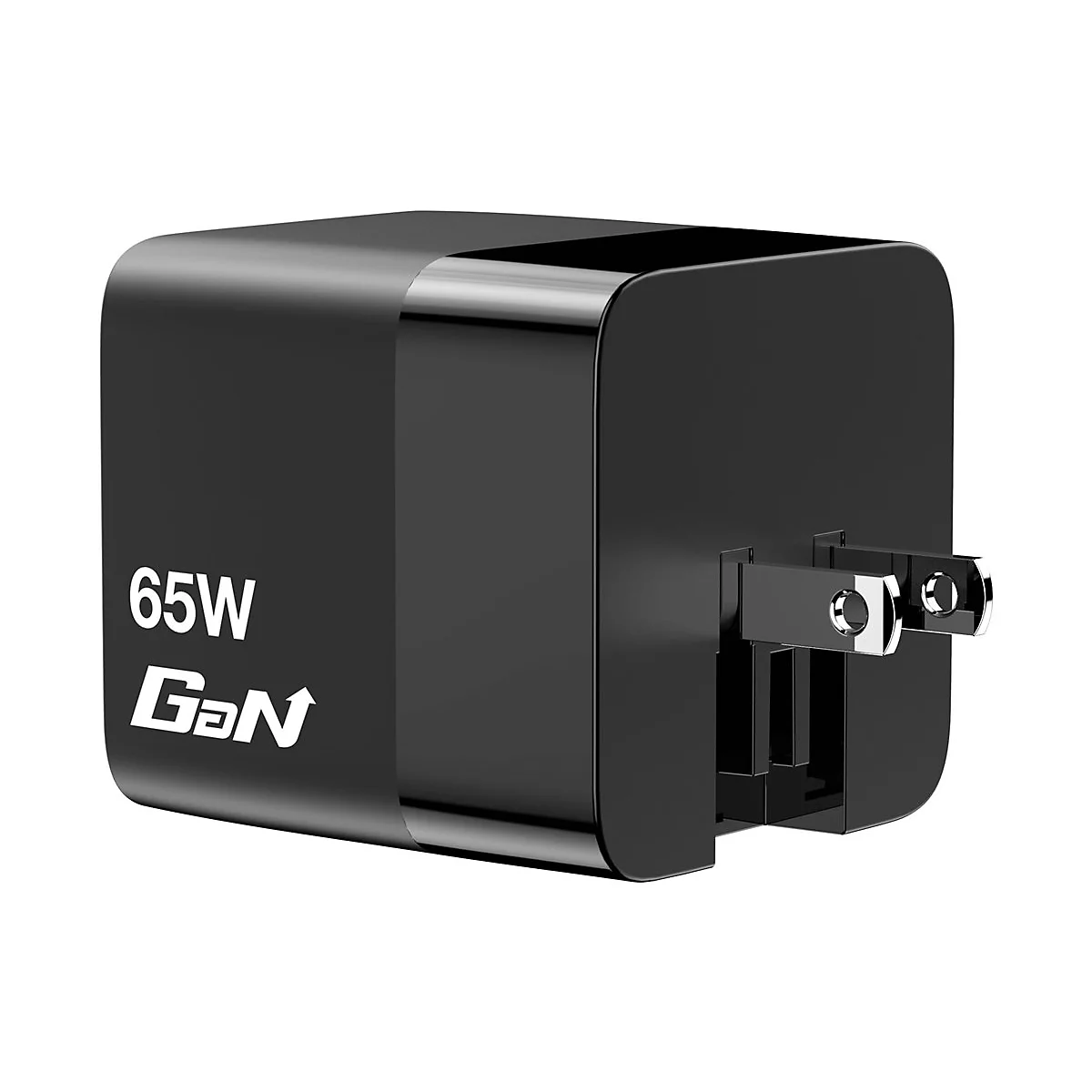 Schwarzes Ladegerät, Aufschrift "65W GaN". Mit US-Stecker.