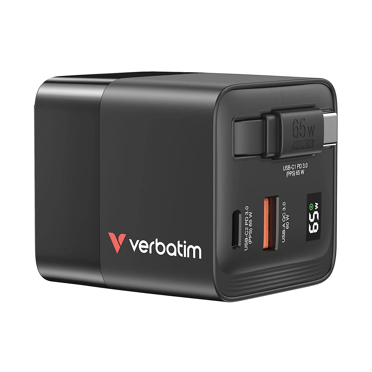 Schwarzes Ladegerät von Verbatim mit USB-Anschlüssen. Aufschrift: 65W. Anschlüsse: USB-C2 PD 3.0, USB-A QC 3.0, USB-C1 PD 3.0.