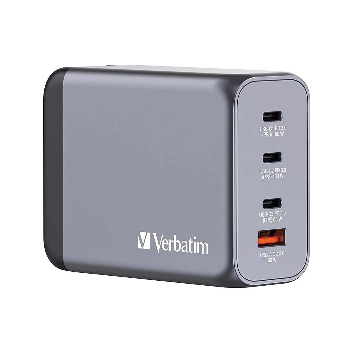 Grauer, rechteckiger USB-C-Ladegerät von Verbatim. Oben links das Verbatim-Logo. Auf der Vorderseite stehen die Anschlüsse: 3x USB-C und 1x USB-A.