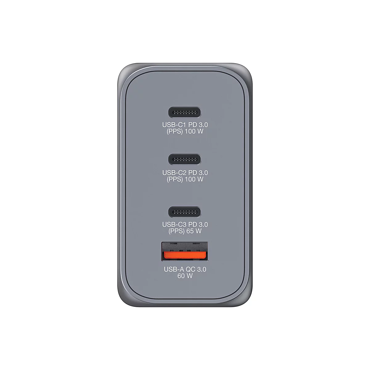 Grauer USB-Ladegerät-Adapter mit vier Anschlüssen, darunter USB-C und USB-A, mit Leistungsinformationen. Das Gerät ist vor neutralem Hintergrund abgebildet.