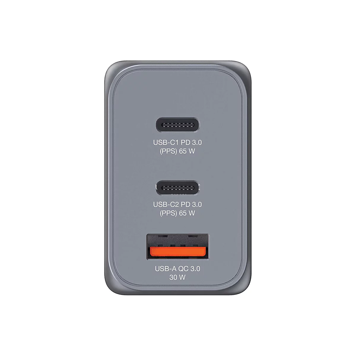 Grauer USB-Ladegerätadapter mit drei Anschlüssen, beschriftet mit USB-C1 PD 3.0 (PPS) 65 W, USB-C2 PD 3.0 (PPS) 65 W und USB-A QC 3.0 30 W.
