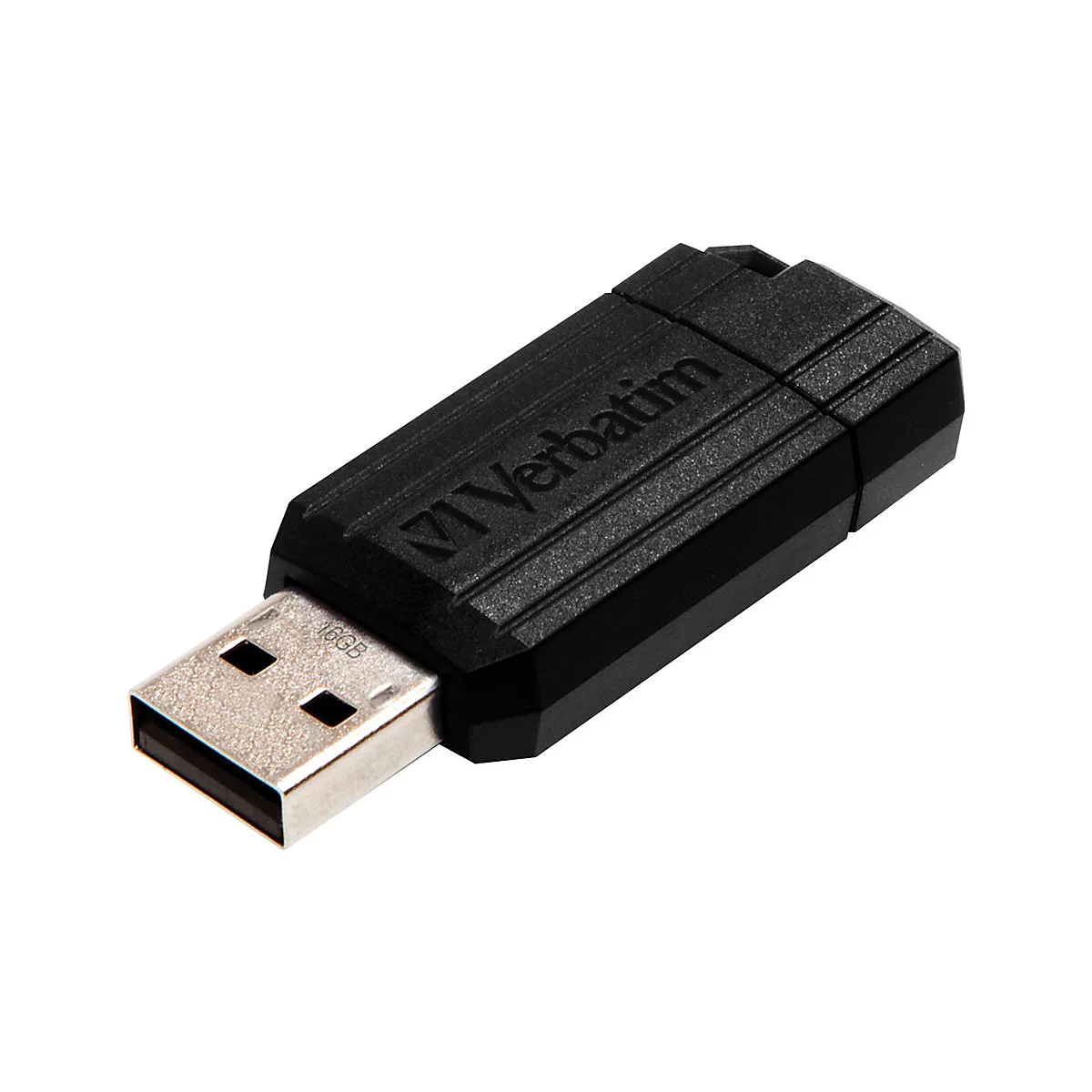 Schwarzer Verbatim USB-Stick mit 16 GB Speicherkapazität vor weißem Hintergrund.