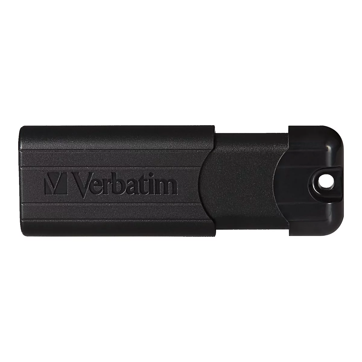 Schwarzer USB-Stick von Verbatim. Der Deckel ist teilweise aufgeschoben, ein Loch für die Befestigung ist zu sehen.