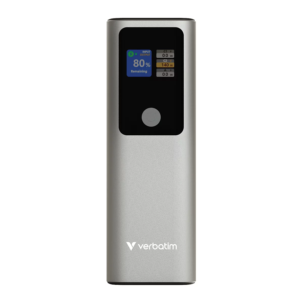Silberne Verbatim Powerbank mit schwarzem Display und 80 Prozent Ladestatusanzeige auf weißem Hintergrund.