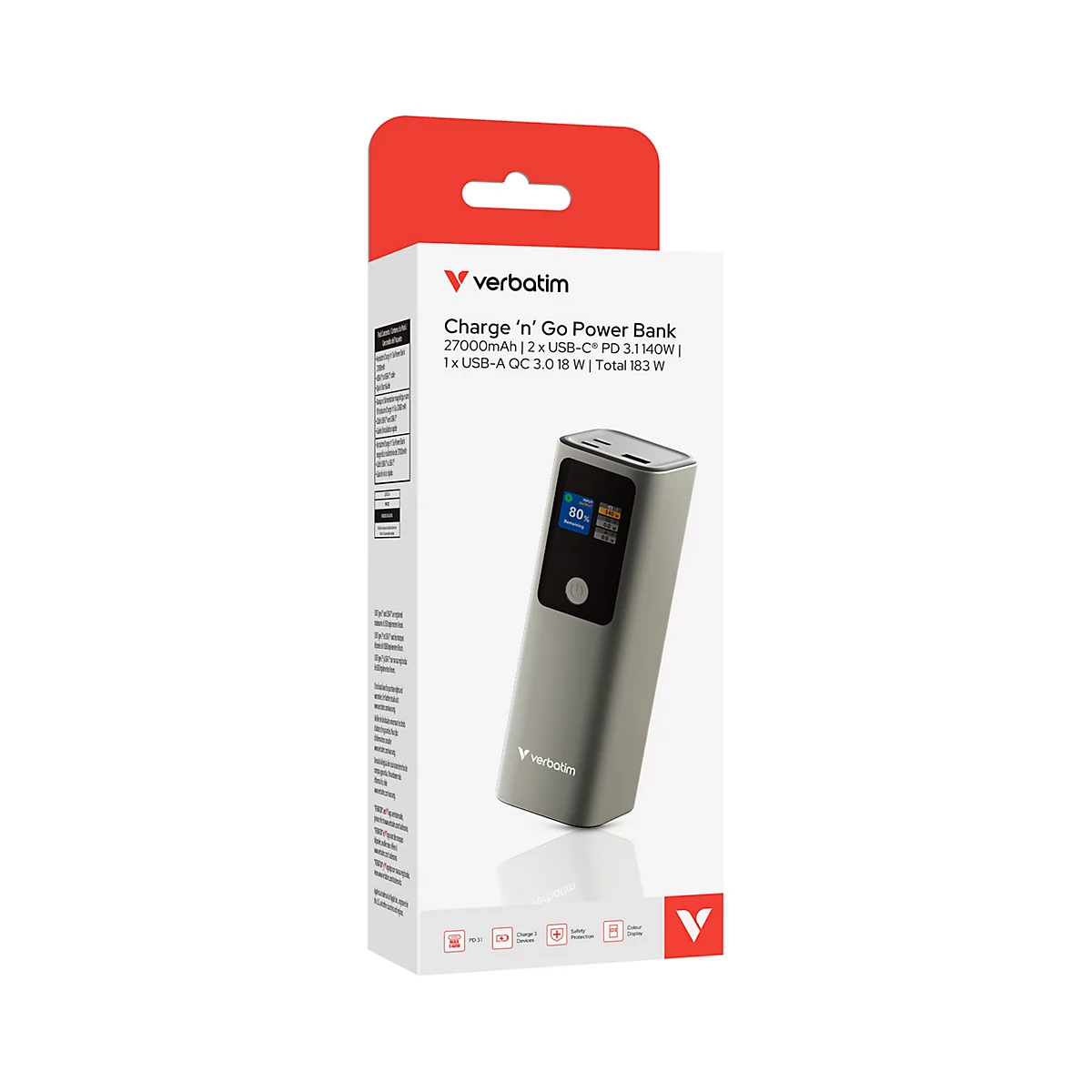 Verbatim Powerbank in grauer Verpackung mit Displayanzeige.