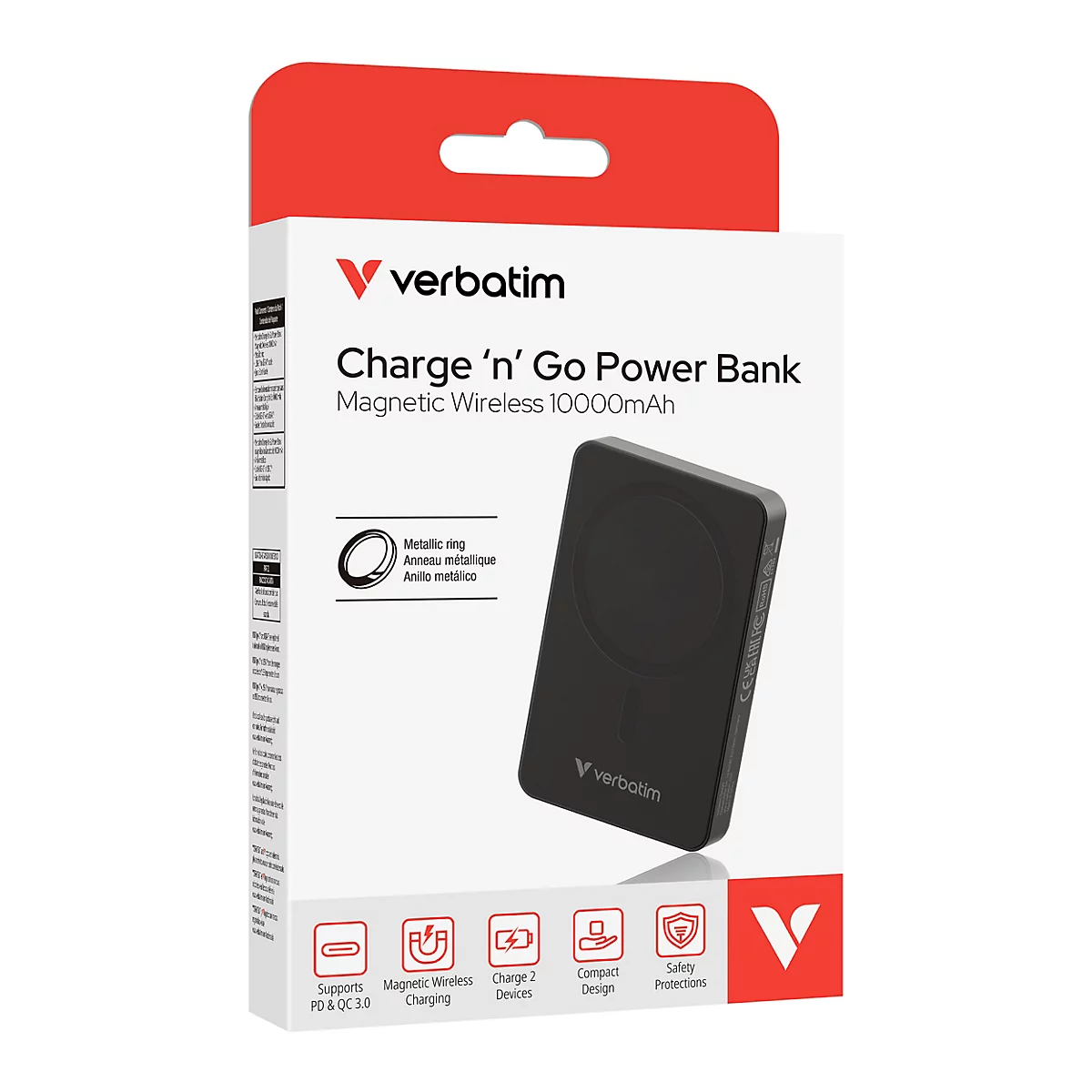 Verpackung der Verbatim Charge 'n' Go Power Bank, schwarz, magnetisch, 10000mAh.