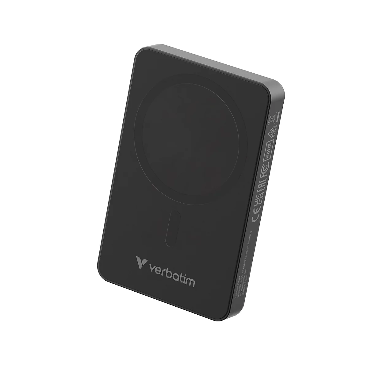 Schwarze, rechteckige Verbatim Powerbank mit magnetischer Ladefläche vor weißem Hintergrund.