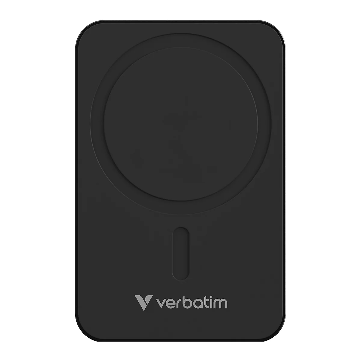 Schwarze, rechteckige magnetische Powerbank von Verbatim mit kreisförmiger Ladefläche auf weißem Hintergrund.