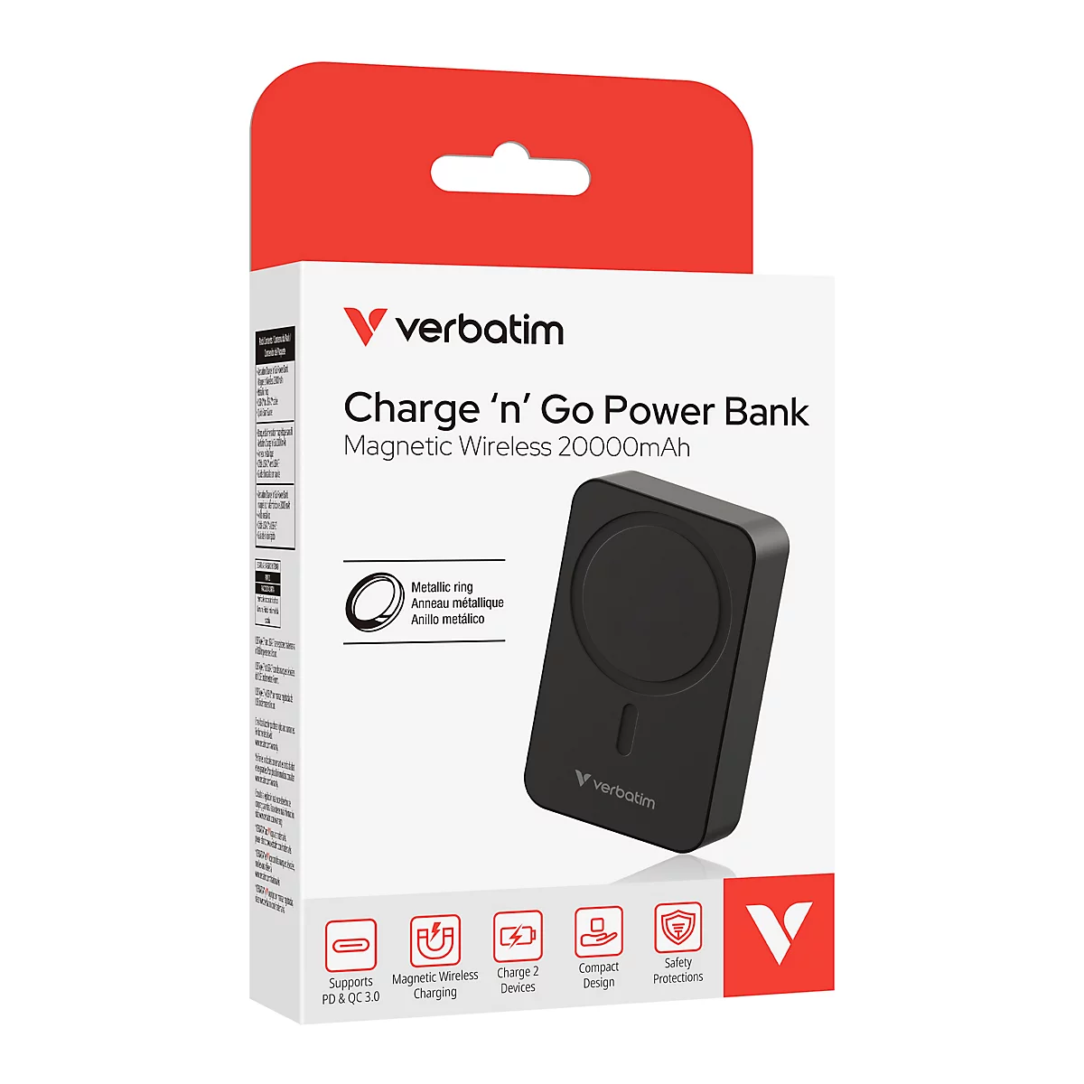 Verbatim Powerbank in weißer Verkaufsschachtel mit rotem Aufhänger und schwarzem Produktbild.