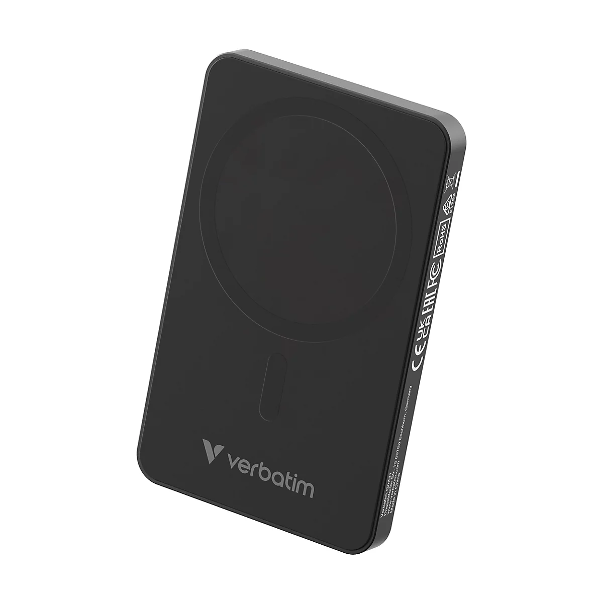 Schwarze Verbatim Powerbank im rechteckigen Format mit MagSafe-Kreis auf der Vorderseite.