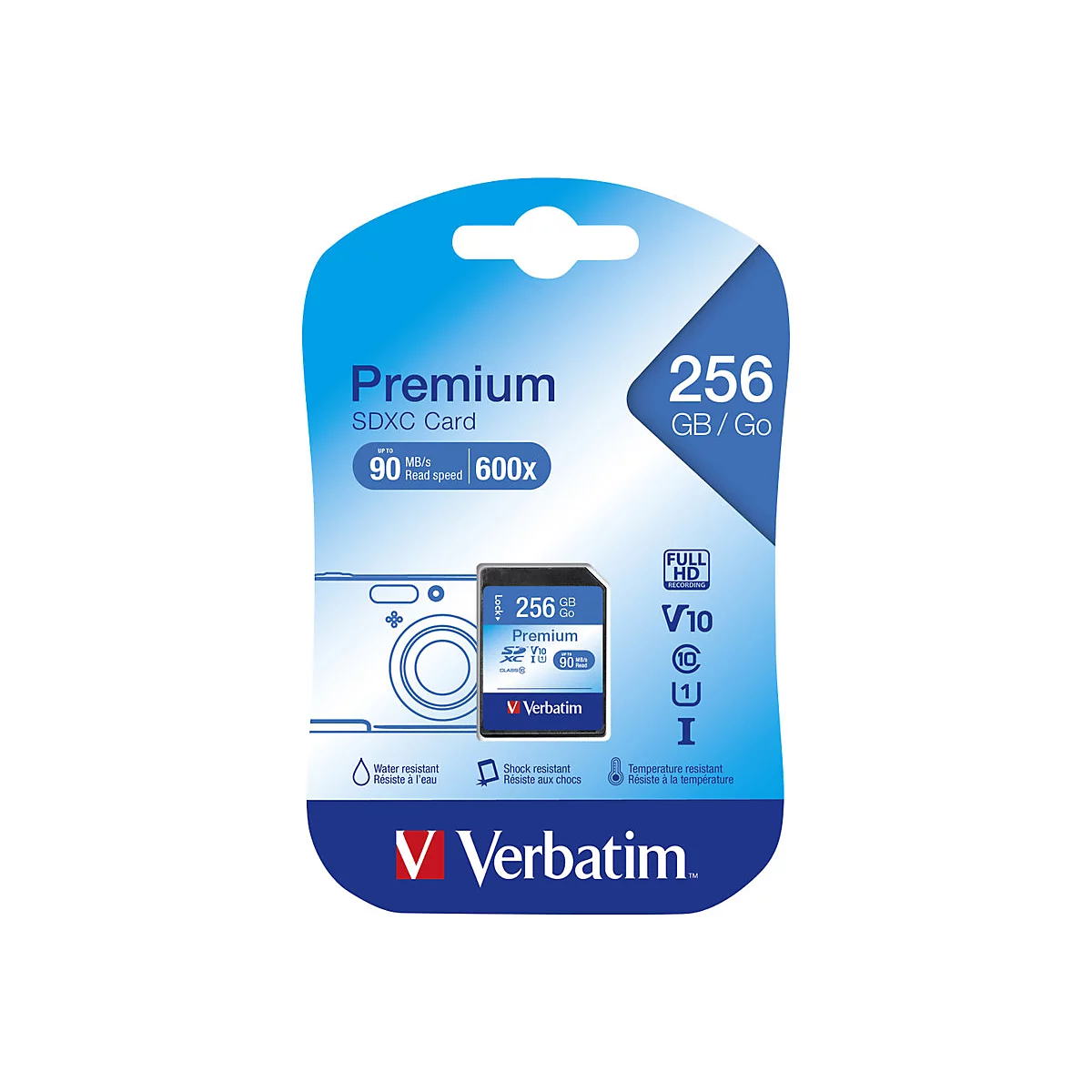 Verbatim Premium SDXC-Speicherkarte mit 256 GB in blau-weißer Blisterverpackung.
