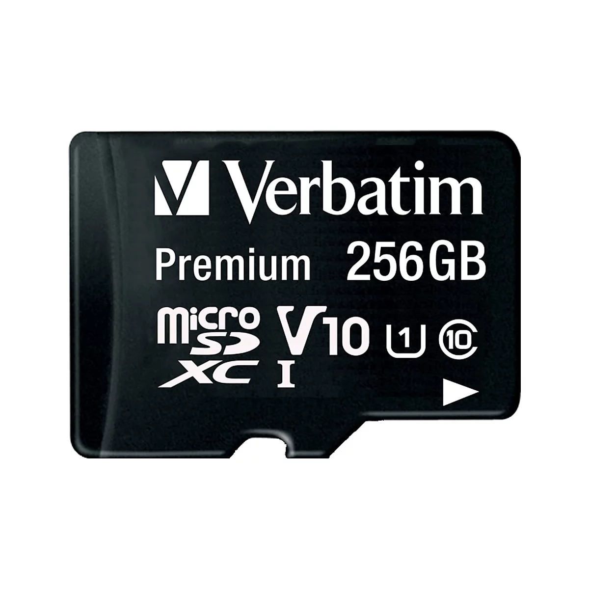 Schwarze Micro-SD-Karte mit weißem 'Verbatim'-Logo, 'Premium 256GB' und weiteren Kennzeichnungen.